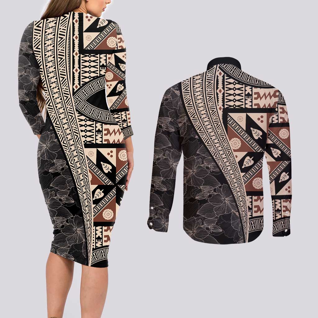 Bula Hibiscus Festival Couples Matching Long Sleeve Bodycon Dress and Long Sleeve Button Shirt Fijian Masi Pattern Half Style LT03 - Polynesian Pride