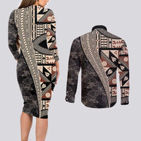 Bula Hibiscus Festival Couples Matching Long Sleeve Bodycon Dress and Long Sleeve Button Shirt Fijian Masi Pattern Half Style LT03 - Polynesian Pride