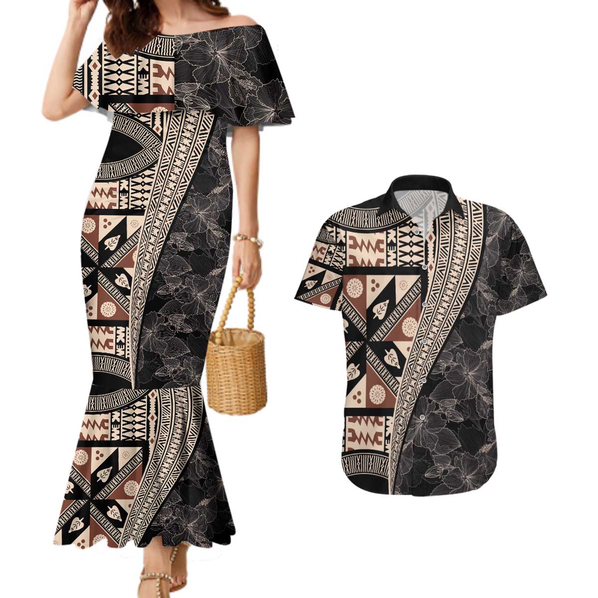 Bula Hibiscus Festival Couples Matching Mermaid Dress and Hawaiian Shirt Fijian Masi Pattern Half Style LT03 Beige - Polynesian Pride