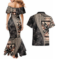 Bula Hibiscus Festival Couples Matching Mermaid Dress and Hawaiian Shirt Fijian Masi Pattern Half Style LT03 - Polynesian Pride