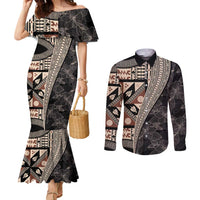 Bula Hibiscus Festival Couples Matching Mermaid Dress and Long Sleeve Button Shirt Fijian Masi Pattern Half Style LT03 Beige - Polynesian Pride