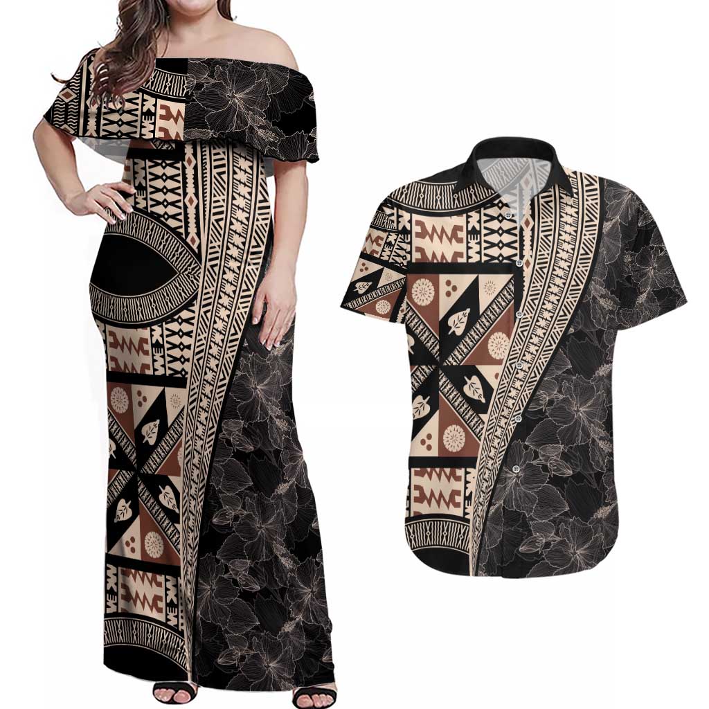 Bula Hibiscus Festival Couples Matching Off Shoulder Maxi Dress and Hawaiian Shirt Fijian Masi Pattern Half Style LT03 Beige - Polynesian Pride