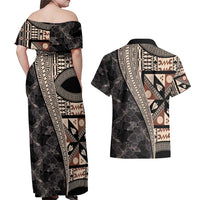 Bula Hibiscus Festival Couples Matching Off Shoulder Maxi Dress and Hawaiian Shirt Fijian Masi Pattern Half Style LT03 - Polynesian Pride