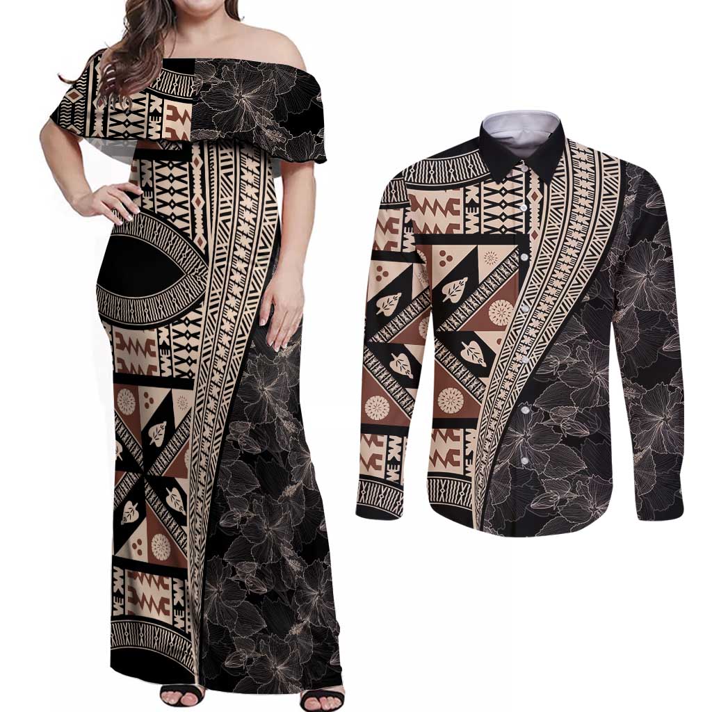 Bula Hibiscus Festival Couples Matching Off Shoulder Maxi Dress and Long Sleeve Button Shirt Fijian Masi Pattern Half Style LT03 Beige - Polynesian Pride
