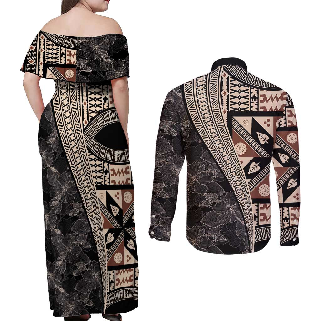 Bula Hibiscus Festival Couples Matching Off Shoulder Maxi Dress and Long Sleeve Button Shirt Fijian Masi Pattern Half Style LT03 - Polynesian Pride