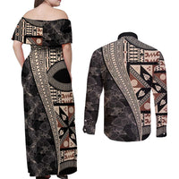 Bula Hibiscus Festival Couples Matching Off Shoulder Maxi Dress and Long Sleeve Button Shirt Fijian Masi Pattern Half Style LT03 - Polynesian Pride