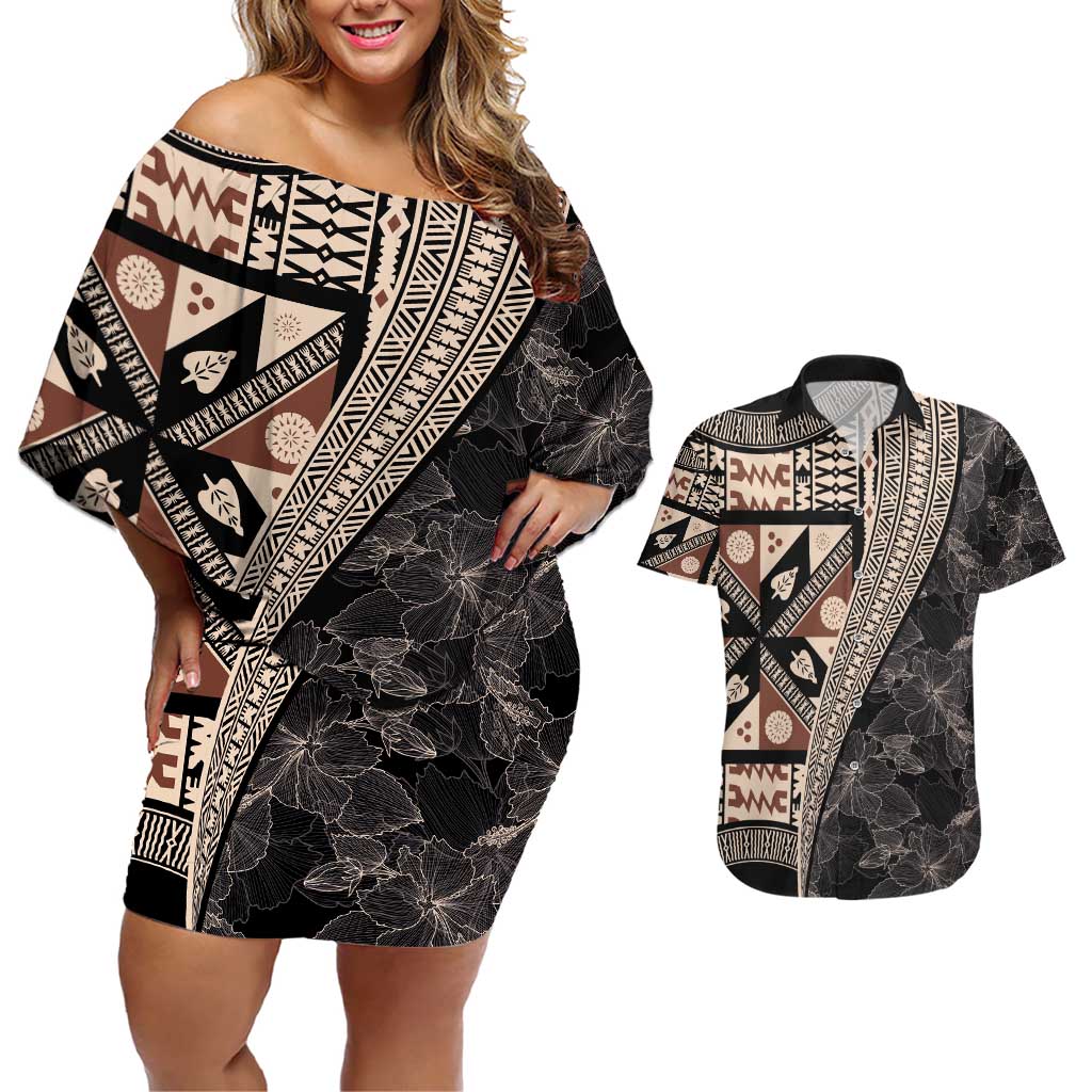 Bula Hibiscus Festival Couples Matching Off Shoulder Short Dress and Hawaiian Shirt Fijian Masi Pattern Half Style LT03 Beige - Polynesian Pride