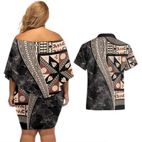 Bula Hibiscus Festival Couples Matching Off Shoulder Short Dress and Hawaiian Shirt Fijian Masi Pattern Half Style LT03 - Polynesian Pride