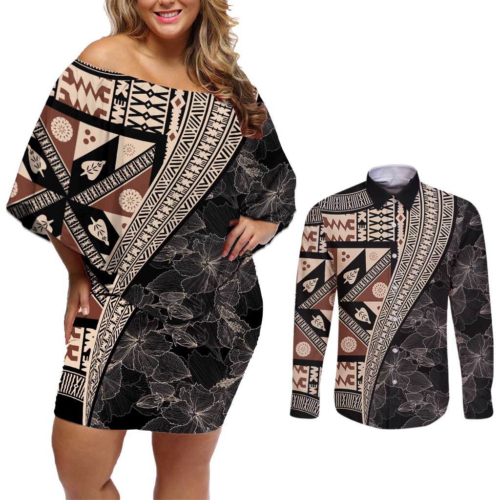 Bula Hibiscus Festival Couples Matching Off Shoulder Short Dress and Long Sleeve Button Shirt Fijian Masi Pattern Half Style LT03 Beige - Polynesian Pride