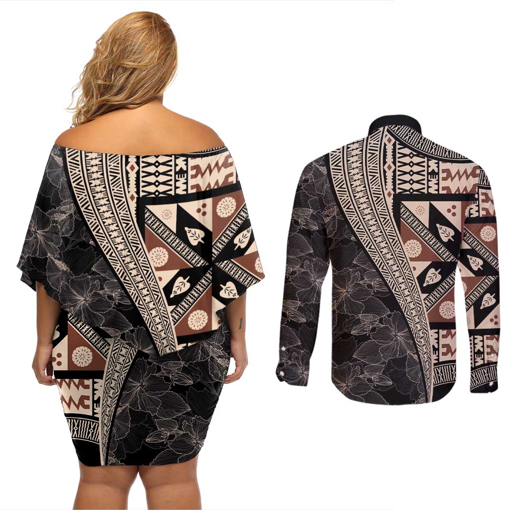 Bula Hibiscus Festival Couples Matching Off Shoulder Short Dress and Long Sleeve Button Shirt Fijian Masi Pattern Half Style LT03 - Polynesian Pride