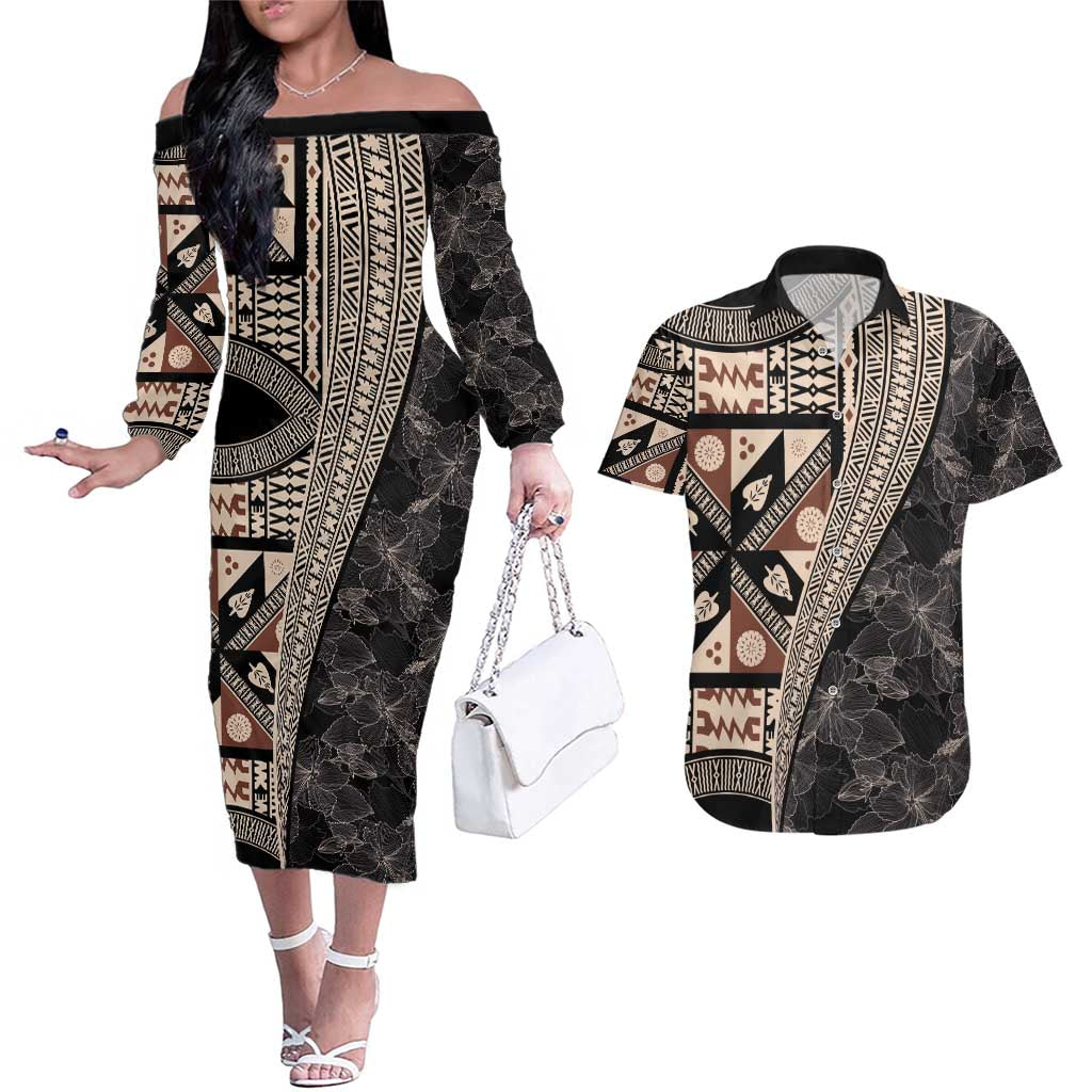 Bula Hibiscus Festival Couples Matching Off The Shoulder Long Sleeve Dress and Hawaiian Shirt Fijian Masi Pattern Half Style LT03 Beige - Polynesian Pride