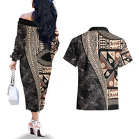Bula Hibiscus Festival Couples Matching Off The Shoulder Long Sleeve Dress and Hawaiian Shirt Fijian Masi Pattern Half Style LT03 - Polynesian Pride