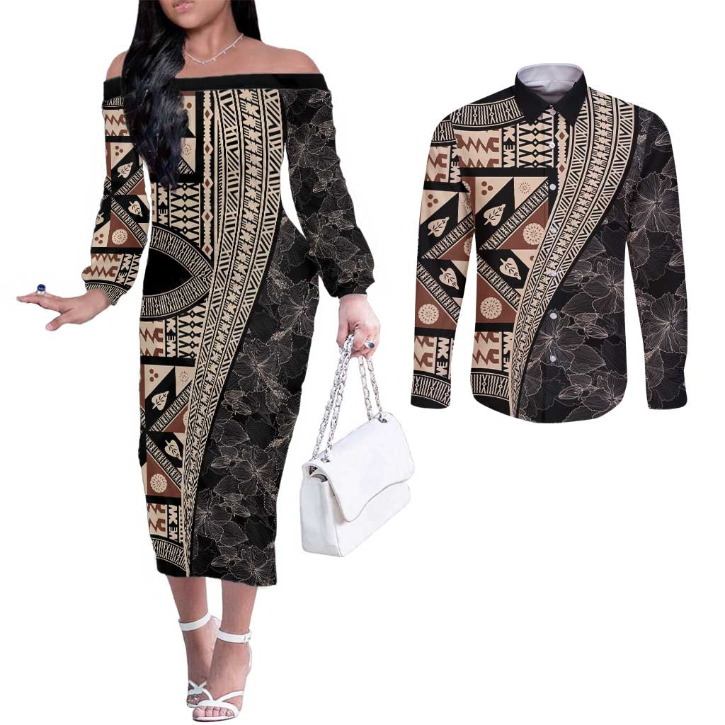 Bula Hibiscus Festival Couples Matching Off The Shoulder Long Sleeve Dress and Long Sleeve Button Shirt Fijian Masi Pattern Half Style LT03 Beige - Polynesian Pride
