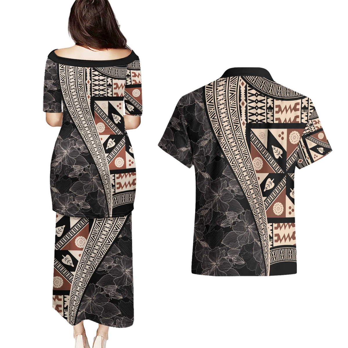 Bula Hibiscus Festival Couples Matching Puletasi and Hawaiian Shirt Fijian Masi Pattern Half Style