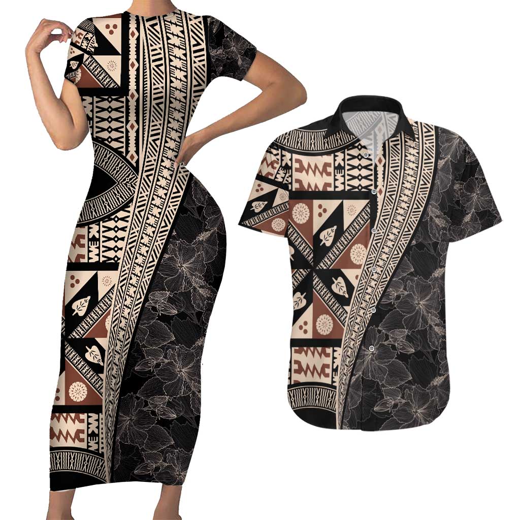Bula Hibiscus Festival Couples Matching Short Sleeve Bodycon Dress and Hawaiian Shirt Fijian Masi Pattern Half Style LT03 Beige - Polynesian Pride
