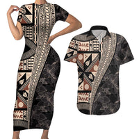 Bula Hibiscus Festival Couples Matching Short Sleeve Bodycon Dress and Hawaiian Shirt Fijian Masi Pattern Half Style LT03 Beige - Polynesian Pride
