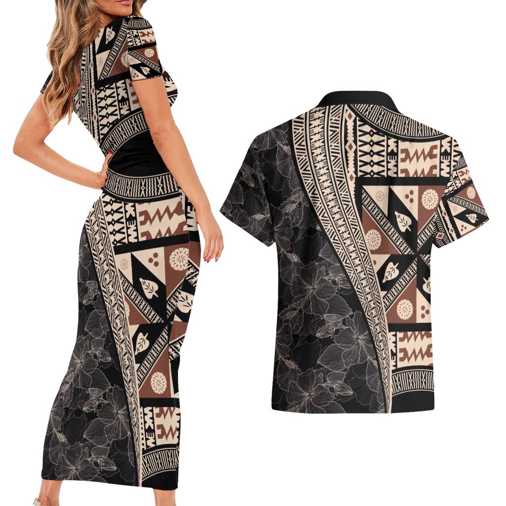 Bula Hibiscus Festival Couples Matching Short Sleeve Bodycon Dress and Hawaiian Shirt Fijian Masi Pattern Half Style LT03 - Polynesian Pride