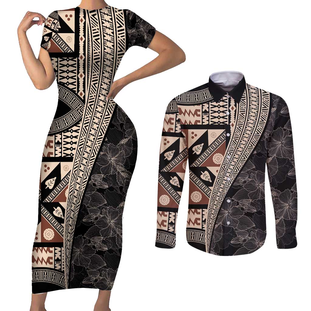 Bula Hibiscus Festival Couples Matching Short Sleeve Bodycon Dress and Long Sleeve Button Shirt Fijian Masi Pattern Half Style LT03 Beige - Polynesian Pride