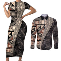 Bula Hibiscus Festival Couples Matching Short Sleeve Bodycon Dress and Long Sleeve Button Shirt Fijian Masi Pattern Half Style LT03 Beige - Polynesian Pride