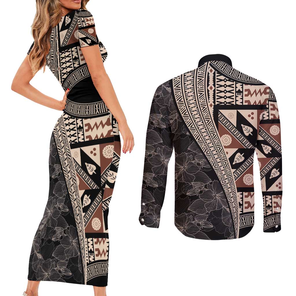 Bula Hibiscus Festival Couples Matching Short Sleeve Bodycon Dress and Long Sleeve Button Shirt Fijian Masi Pattern Half Style LT03 - Polynesian Pride