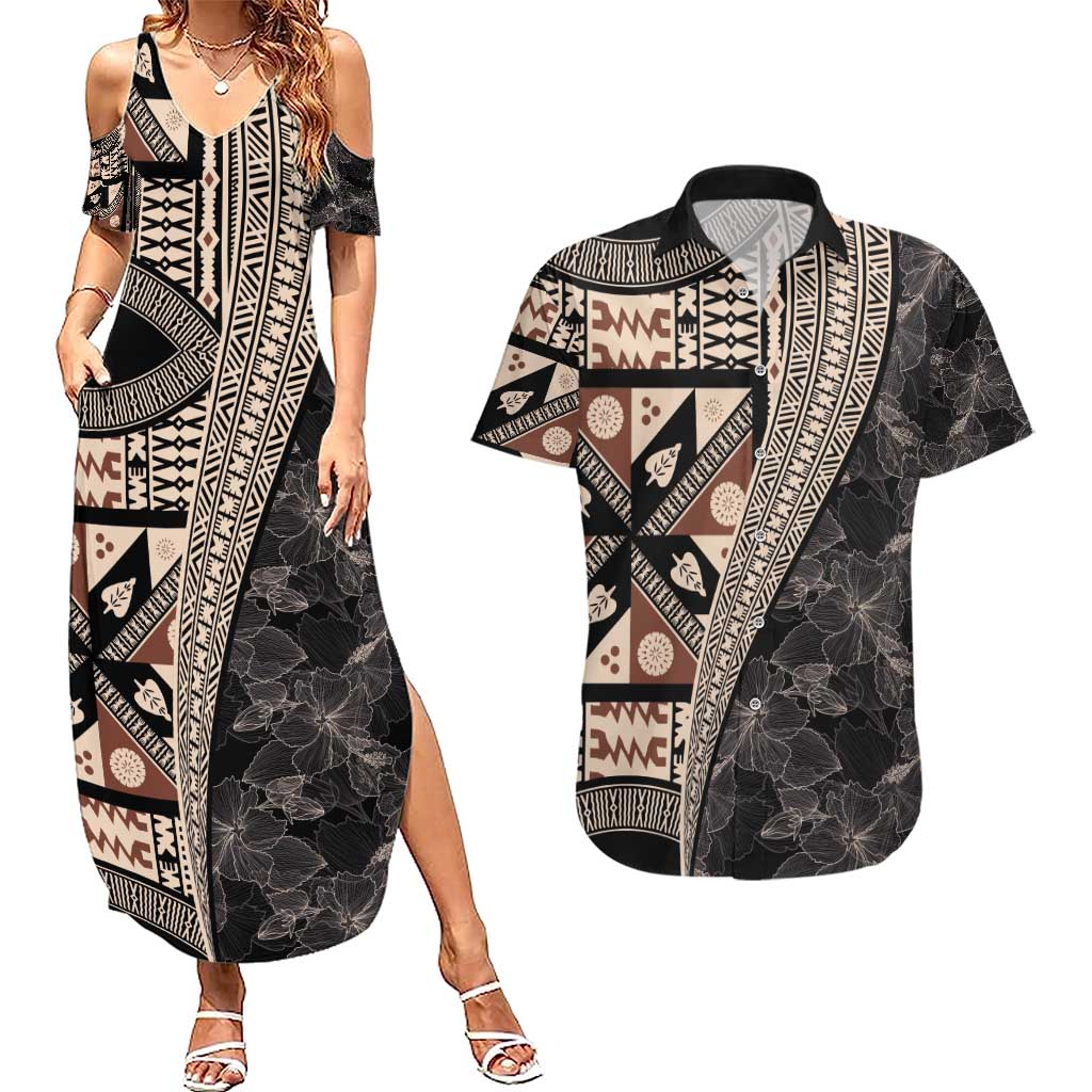 Bula Hibiscus Festival Couples Matching Summer Maxi Dress and Hawaiian Shirt Fijian Masi Pattern Half Style LT03 Beige - Polynesian Pride