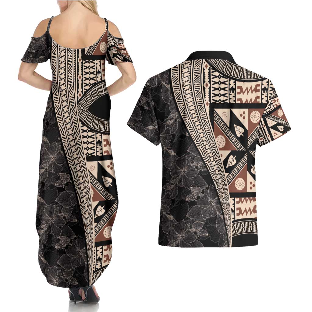 Bula Hibiscus Festival Couples Matching Summer Maxi Dress and Hawaiian Shirt Fijian Masi Pattern Half Style LT03 - Polynesian Pride