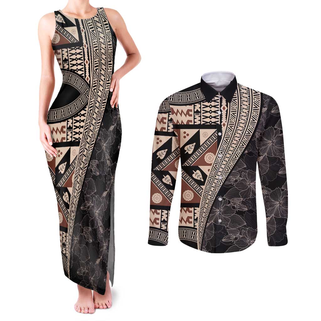 Bula Hibiscus Festival Couples Matching Tank Maxi Dress and Long Sleeve Button Shirt Fijian Masi Pattern Half Style LT03 Beige - Polynesian Pride