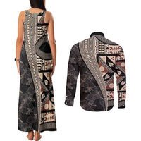 Bula Hibiscus Festival Couples Matching Tank Maxi Dress and Long Sleeve Button Shirt Fijian Masi Pattern Half Style LT03 - Polynesian Pride