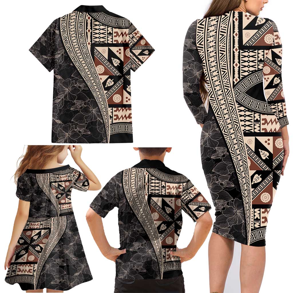 Bula Hibiscus Festival Family Matching Long Sleeve Bodycon Dress and Hawaiian Shirt Fijian Masi Pattern Half Style LT03 - Polynesian Pride