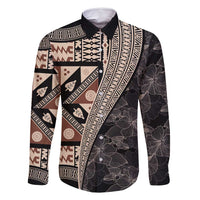 Bula Hibiscus Festival Family Matching Long Sleeve Bodycon Dress and Hawaiian Shirt Fijian Masi Pattern Half Style LT03 Dad's Shirt - Long Sleeve Beige - Polynesian Pride