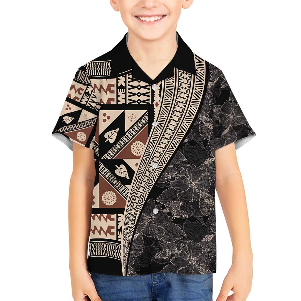 Bula Hibiscus Festival Family Matching Long Sleeve Bodycon Dress and Hawaiian Shirt Fijian Masi Pattern Half Style LT03 Son's Shirt Beige - Polynesian Pride