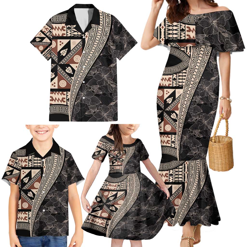 Bula Hibiscus Festival Family Matching Mermaid Dress and Hawaiian Shirt Fijian Masi Pattern Half Style LT03 - Polynesian Pride