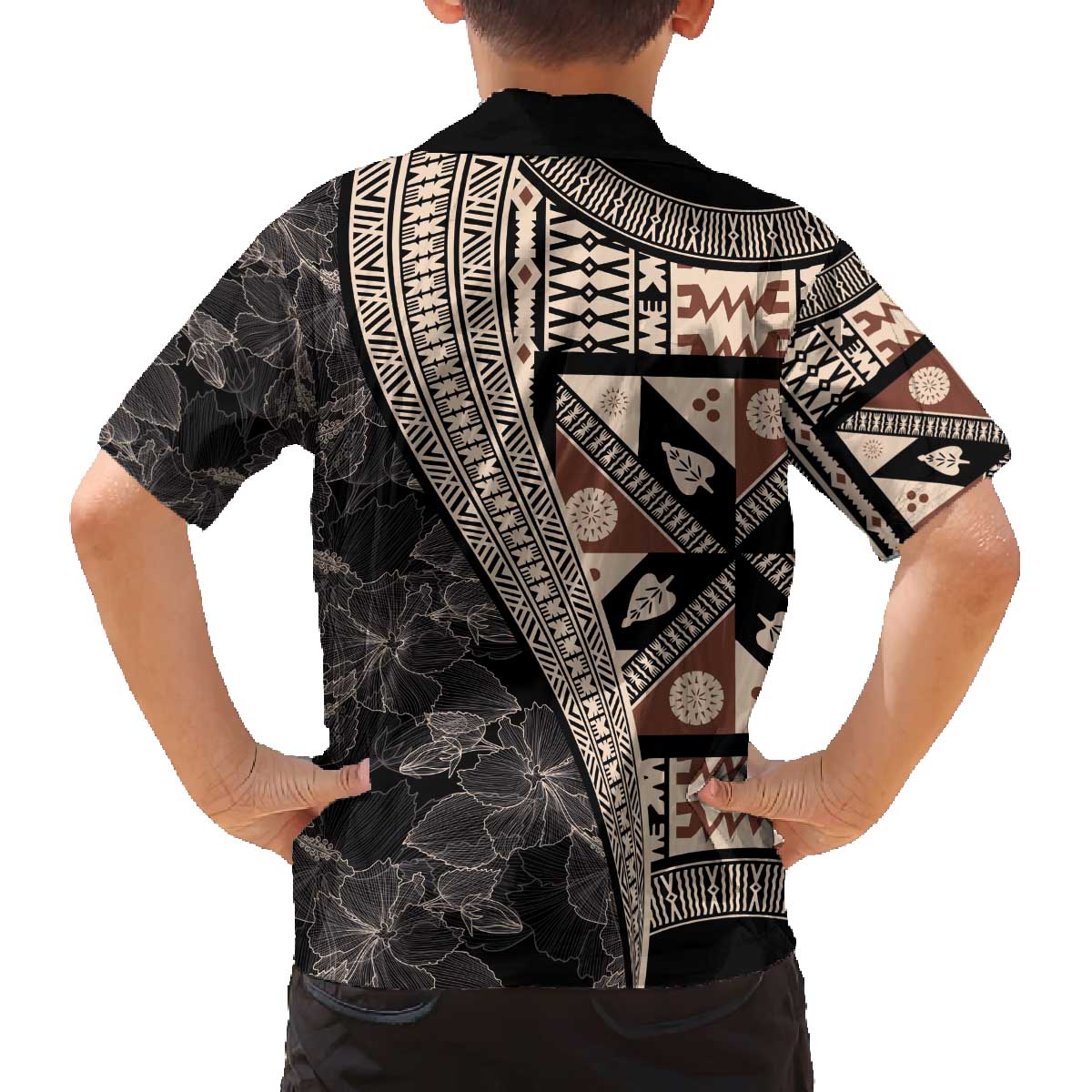 Bula Hibiscus Festival Family Matching Off The Shoulder Long Sleeve Dress and Hawaiian Shirt Fijian Masi Pattern Half Style LT03 - Polynesian Pride