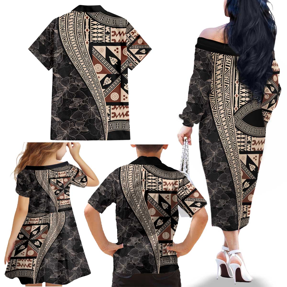 Bula Hibiscus Festival Family Matching Off The Shoulder Long Sleeve Dress and Hawaiian Shirt Fijian Masi Pattern Half Style LT03 - Polynesian Pride