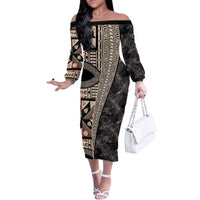 Bula Hibiscus Festival Family Matching Off The Shoulder Long Sleeve Dress and Hawaiian Shirt Fijian Masi Pattern Half Style LT03 Mom's Dress Beige - Polynesian Pride