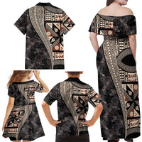 Bula Hibiscus Festival Family Matching Off Shoulder Maxi Dress and Hawaiian Shirt Fijian Masi Pattern Half Style LT03 - Polynesian Pride