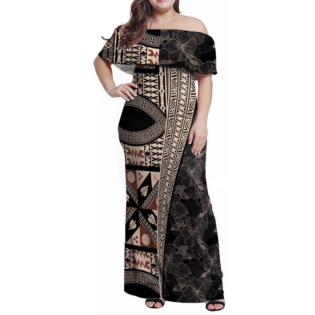 Bula Hibiscus Festival Family Matching Off Shoulder Maxi Dress and Hawaiian Shirt Fijian Masi Pattern Half Style LT03 Mom's Dress Beige - Polynesian Pride