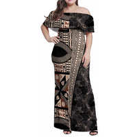 Bula Hibiscus Festival Family Matching Off Shoulder Maxi Dress and Hawaiian Shirt Fijian Masi Pattern Half Style LT03 Mom's Dress Beige - Polynesian Pride