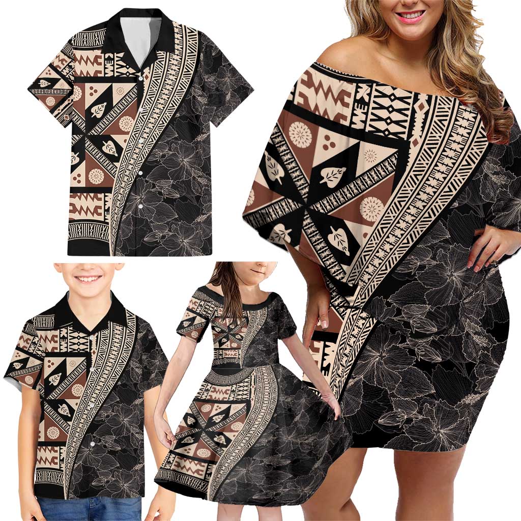 Bula Hibiscus Festival Family Matching Off Shoulder Short Dress and Hawaiian Shirt Fijian Masi Pattern Half Style LT03 - Polynesian Pride