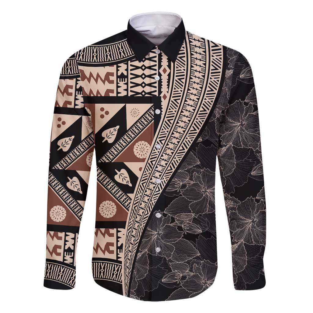 Bula Hibiscus Festival Family Matching Off Shoulder Short Dress and Hawaiian Shirt Fijian Masi Pattern Half Style LT03 Dad's Shirt - Long Sleeve Beige - Polynesian Pride