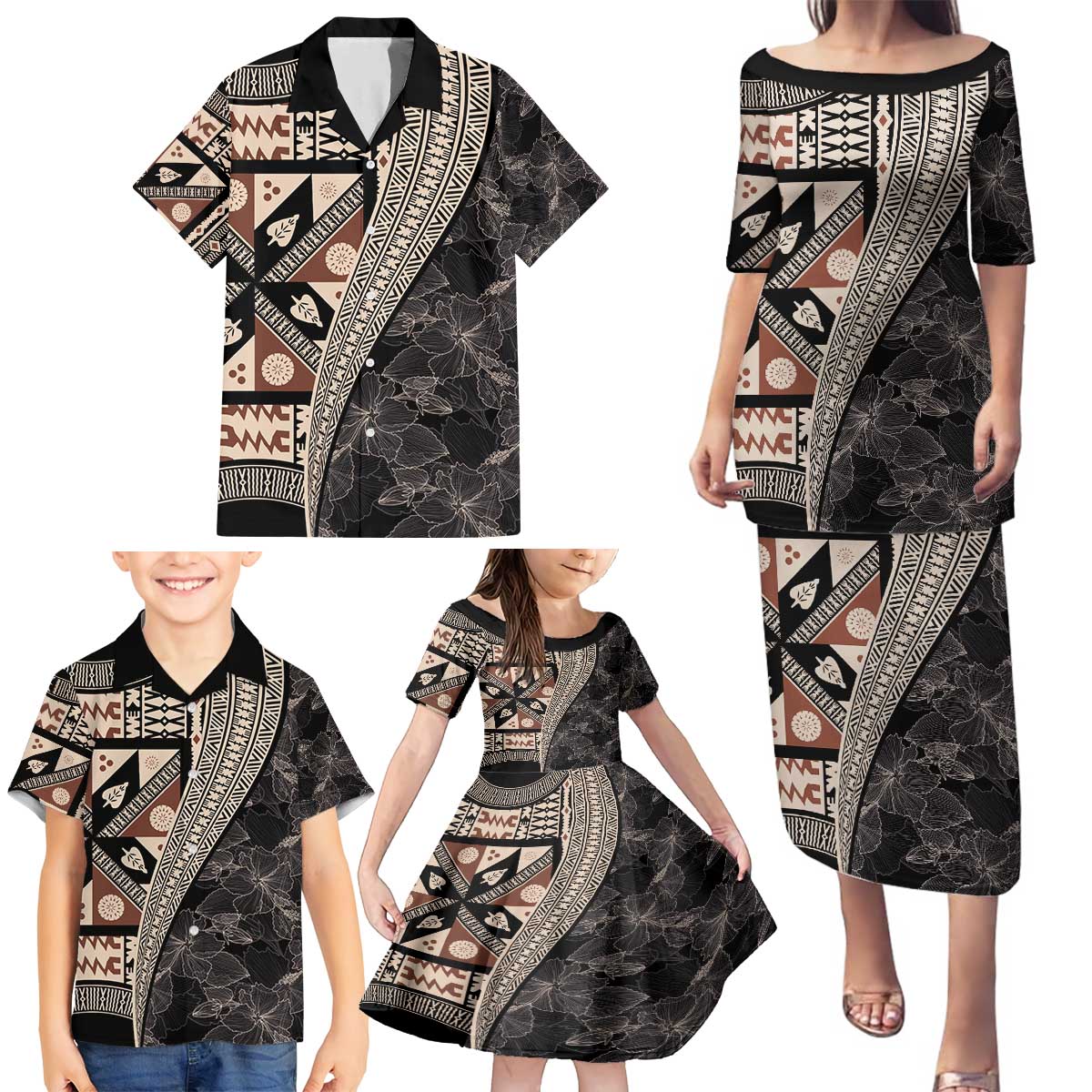 Bula Hibiscus Festival Family Matching Puletasi and Hawaiian Shirt Fijian Masi Pattern Half Style LT03 - Polynesian Pride