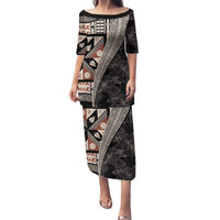 Bula Hibiscus Festival Family Matching Puletasi and Hawaiian Shirt Fijian Masi Pattern Half Style LT03 Mom's Dress Beige - Polynesian Pride