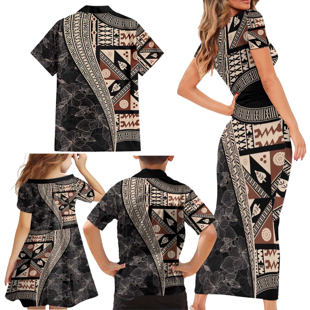 Bula Hibiscus Festival Family Matching Short Sleeve Bodycon Dress and Hawaiian Shirt Fijian Masi Pattern Half Style LT03 - Polynesian Pride
