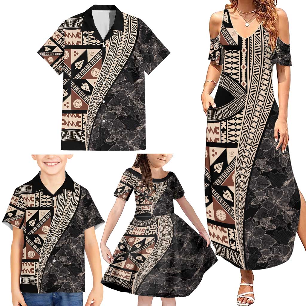 Bula Hibiscus Festival Family Matching Summer Maxi Dress and Hawaiian Shirt Fijian Masi Pattern Half Style LT03 - Polynesian Pride