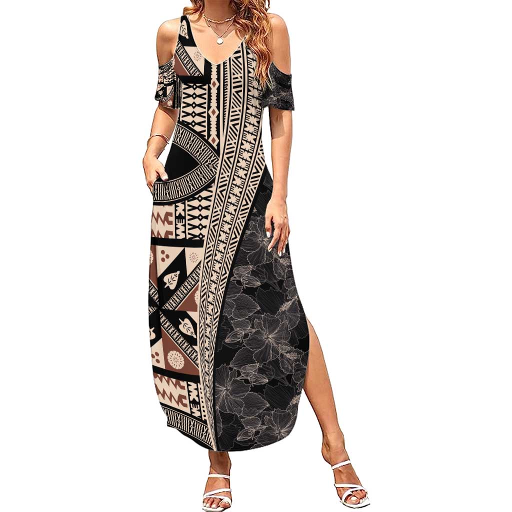 Bula Hibiscus Festival Family Matching Summer Maxi Dress and Hawaiian Shirt Fijian Masi Pattern Half Style LT03 Mom's Dress Beige - Polynesian Pride
