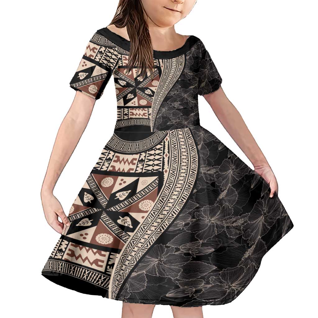 Bula Hibiscus Festival Family Matching Tank Maxi Dress and Hawaiian Shirt Fijian Masi Pattern Half Style LT03 Daughter's Dress Beige - Polynesian Pride