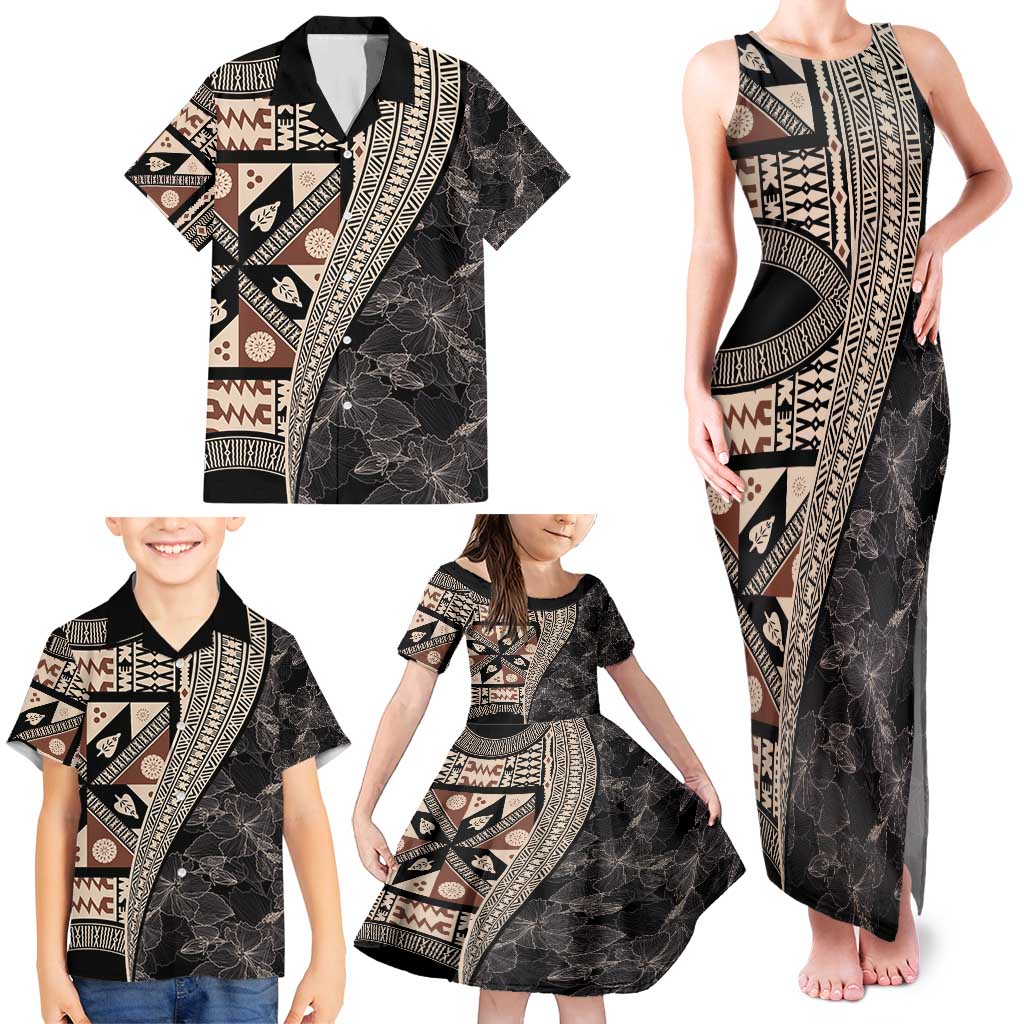 Bula Hibiscus Festival Family Matching Tank Maxi Dress and Hawaiian Shirt Fijian Masi Pattern Half Style LT03 - Polynesian Pride