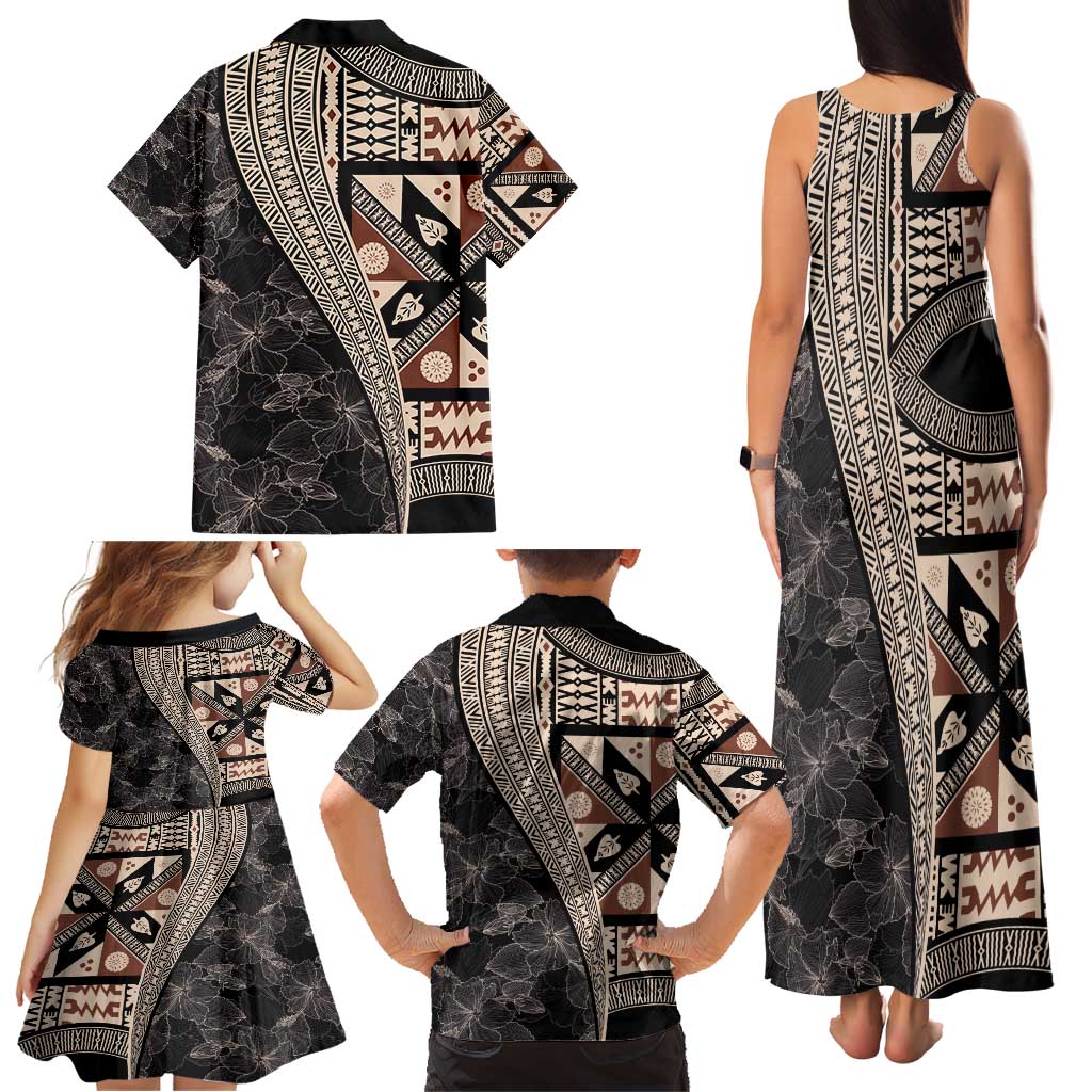 Bula Hibiscus Festival Family Matching Tank Maxi Dress and Hawaiian Shirt Fijian Masi Pattern Half Style LT03 - Polynesian Pride