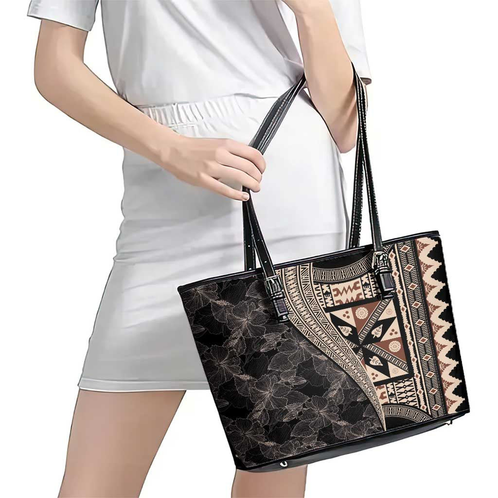 Bula Hibiscus Festival Leather Tote Bag Fijian Masi Pattern Half Style