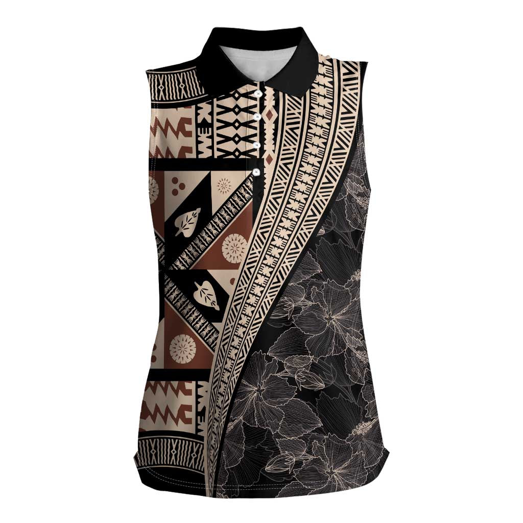 Bula Hibiscus Festival Women Sleeveless Polo Shirt Fijian Masi Pattern Half Style LT03 Female Beige - Polynesian Pride